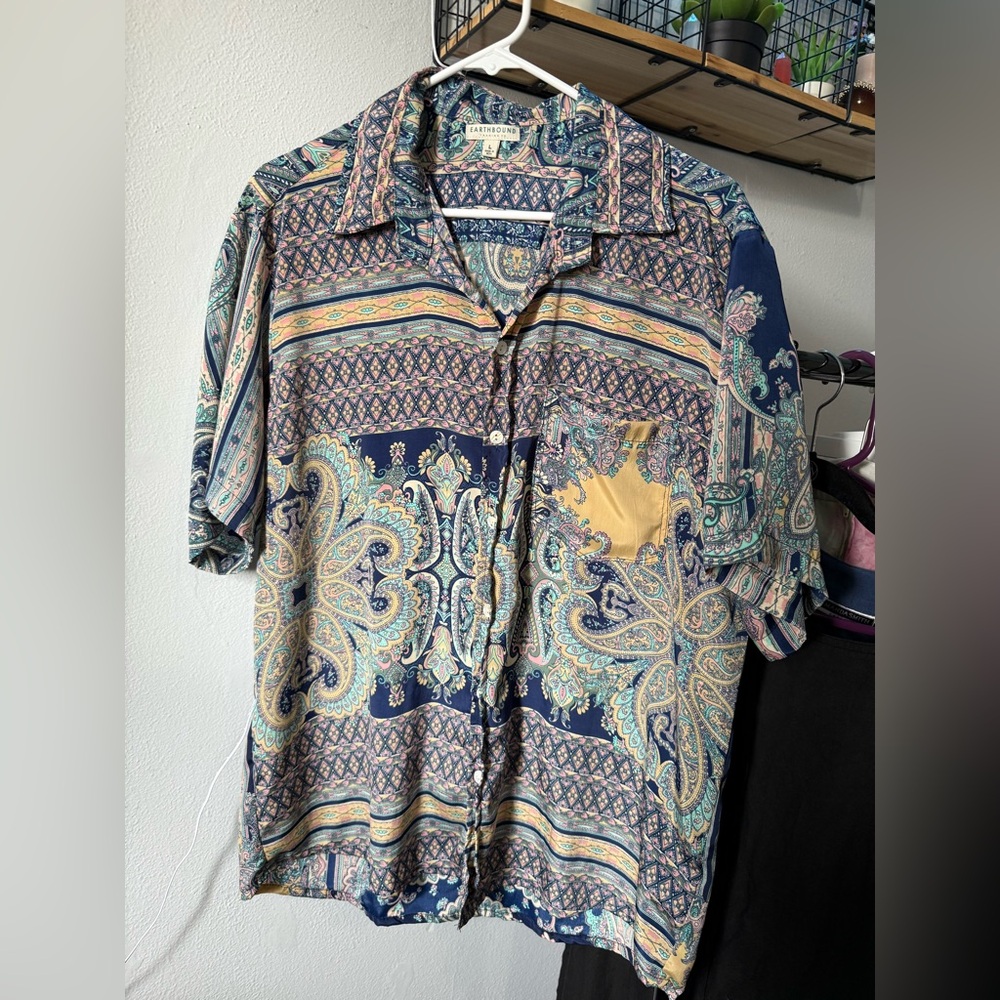 EARTHBOUND Blue and Yellow Casual Button Down Shirt with Paisley Design